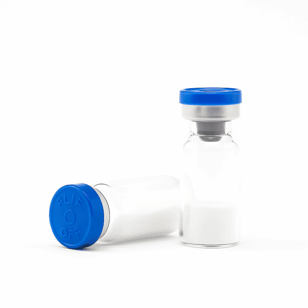 Vaccine vials with blue caps for peptides and peptides-related treatments from Peptidesline.