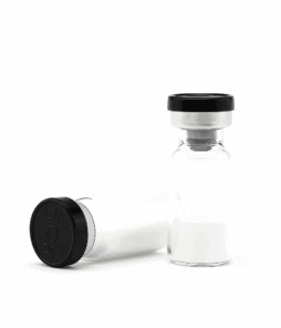Vaccine vial with black cap for peptide research and supplements, high-quality sterile laboratory container.