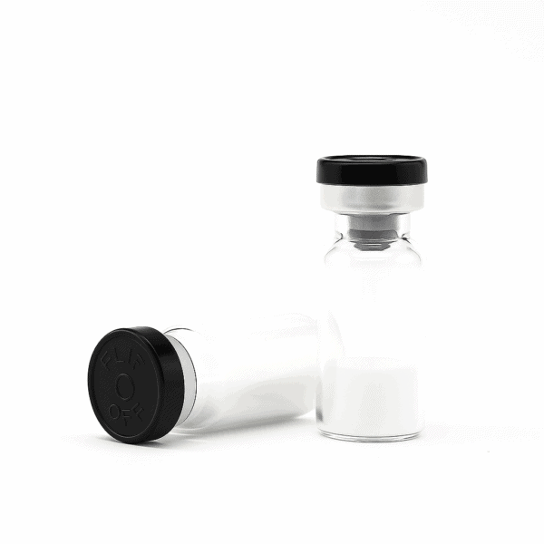 Vaccine vial with black cap for peptide research and supplements, high-quality sterile laboratory container.