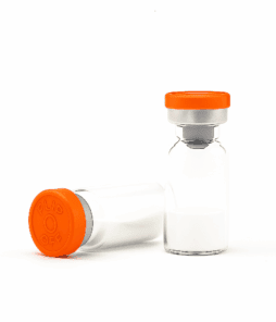 Vial with orange cap, ready for peptide or medication injection, on a clean white background.