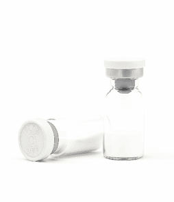 Vaccine vials and ampoules for peptides and pharmaceuticals on a white background.