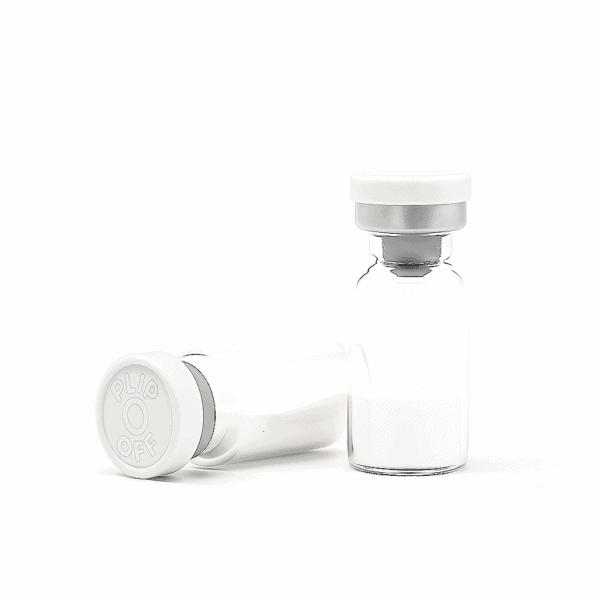 Vaccine vials and ampoules for peptides and pharmaceuticals on a white background.
