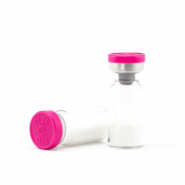 Vaccine vial with pink cap, sterile medical container for peptide storage and injections.