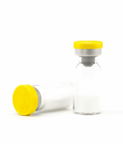 Vial bottles with yellow caps for peptide products, pharmaceutical or supplement use.
