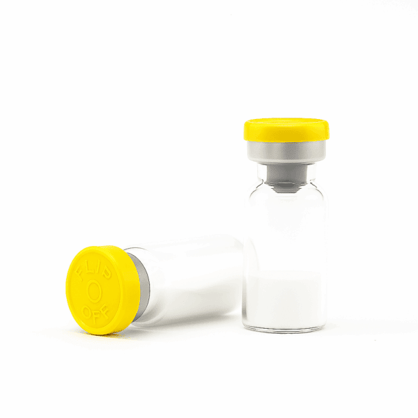 Vial bottles with yellow caps for peptide products, pharmaceutical or supplement use.