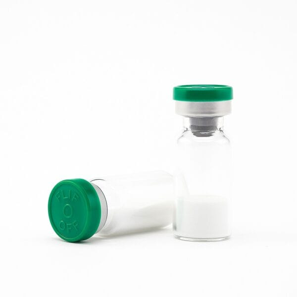 Vaccine vials with green caps, medical storage and peptide synthesis, healthcare, antibody research.
