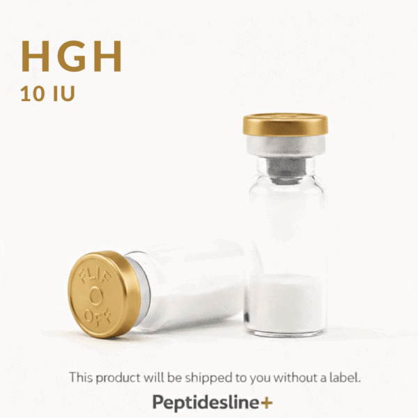 HGH peptide vial for muscle growth and anti-aging, 10 IU dosage.