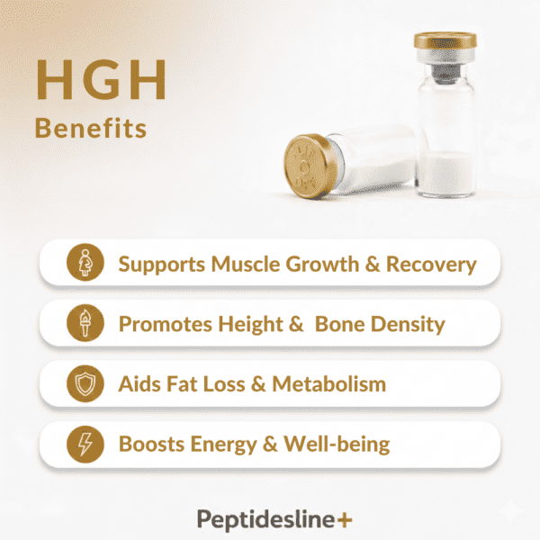 HGH supplement vial for muscle growth, bone density, fat loss, and energy boost.