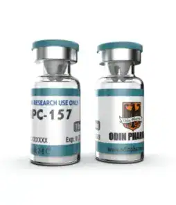 Laboratory research peptide vials with Odin Pharma branding, for scientific experiments.