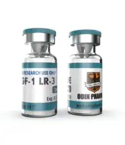 Two research peptide vials with Odin Pharma branding, labeled GF-1 LR-3, for scientific use.