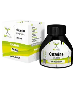 Ostarine SARMS supplement bottle for muscle building and fitness.