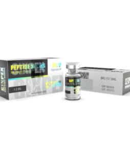 Vial of peptide medication with packaging, medical, healthcare, research, supplement, injection.