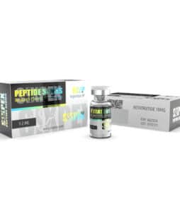 Vial of peptide injection with packaging for research chemicals and peptide serum products.