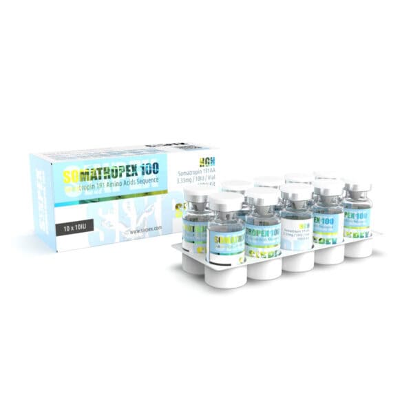 Somatropin 100 amino acid peptide vials for growth hormone support.