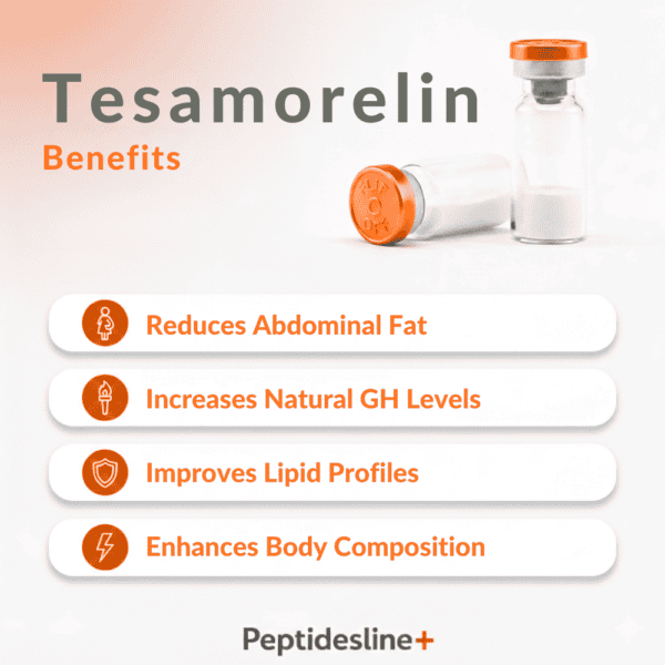 Tesamorelin vial for fat reduction and hormone support, promoting natural growth hormone levels.