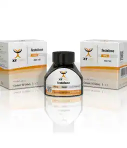 Testolone peptide supplement in bottle with boxes, for muscle enhancement.