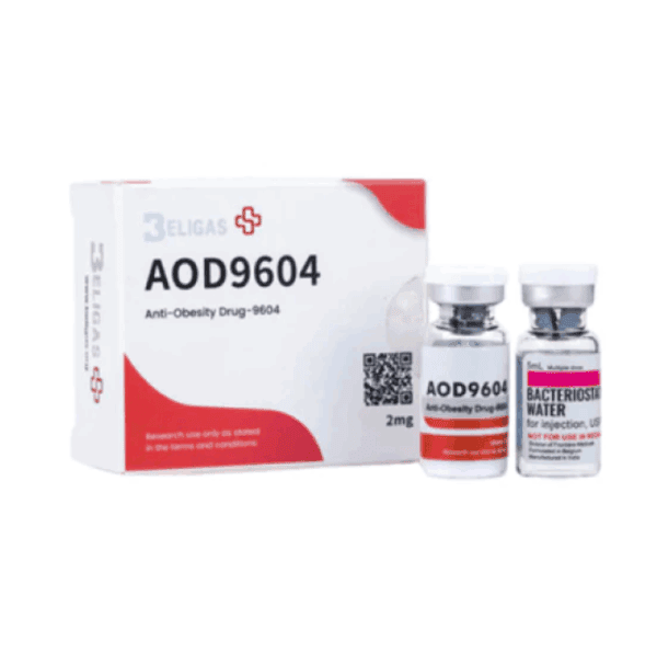 AOD9604 anti-obesity peptide in vials with sterile water for weight management and metabolic health.