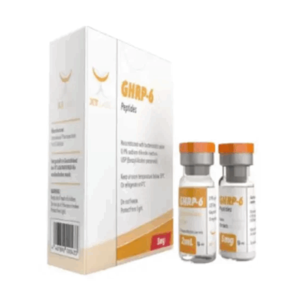 Vial of GHRP-6 peptide for muscle growth and recovery, available at Peptidesline with quality assurance.