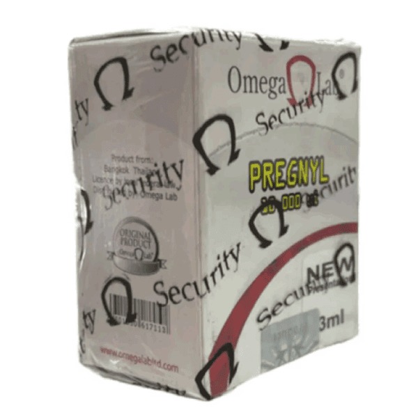 Omega-3 Pregnyl hormone medication box for fertility treatments, 3ml, clinical use, pharmaceutical product.