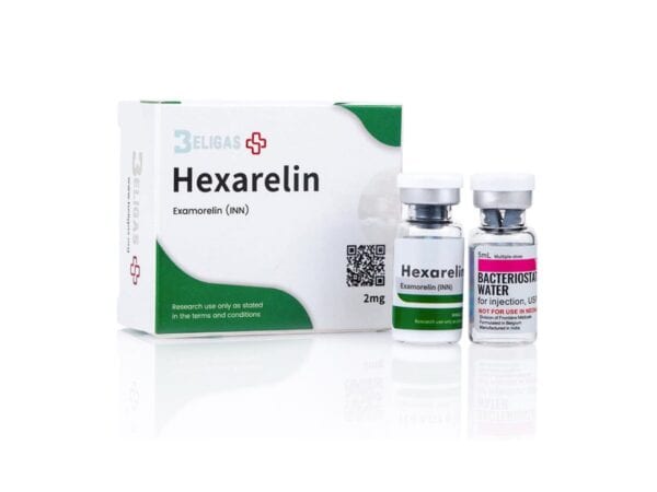 Hexarelin peptide vials for muscle growth, recovery, and performance enhancement.