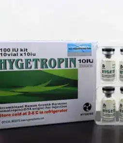 Hygetropin 10IU human growth hormone kit for injection, stored cold at 2-8°C.