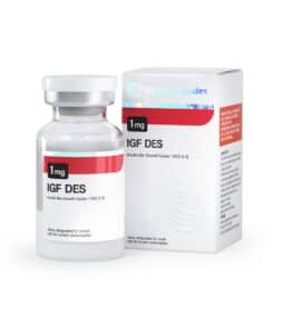 IGF DES supplement bottle with packaging, for muscle growth and recovery.