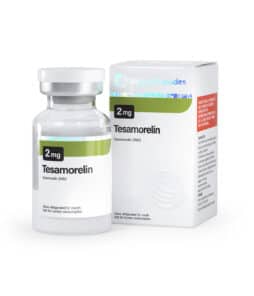 Bottle of Tesamorelin peptide for muscle growth and fat loss.