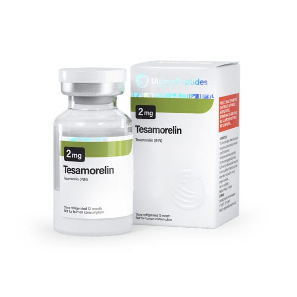 Bottle of Tesamorelin peptide for muscle growth and fat loss.