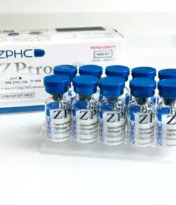 ZPHC Z-PRO peptide vials with blue caps for research use.