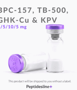 Vials of BPC-157, TB-500, GHK-Cu, and KPV peptides for research use.