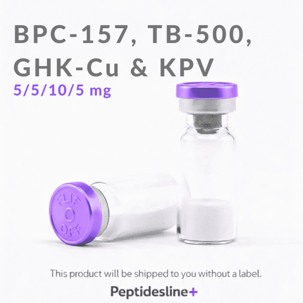 Vials of BPC-157, TB-500, GHK-Cu, and KPV peptides for research use.