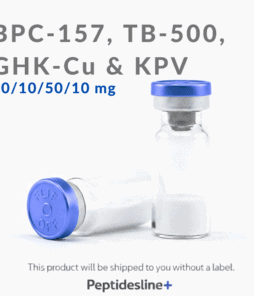 Vial of peptides BPC-157, TB-500, GHK-Cu, KPV for scientific experiments.
