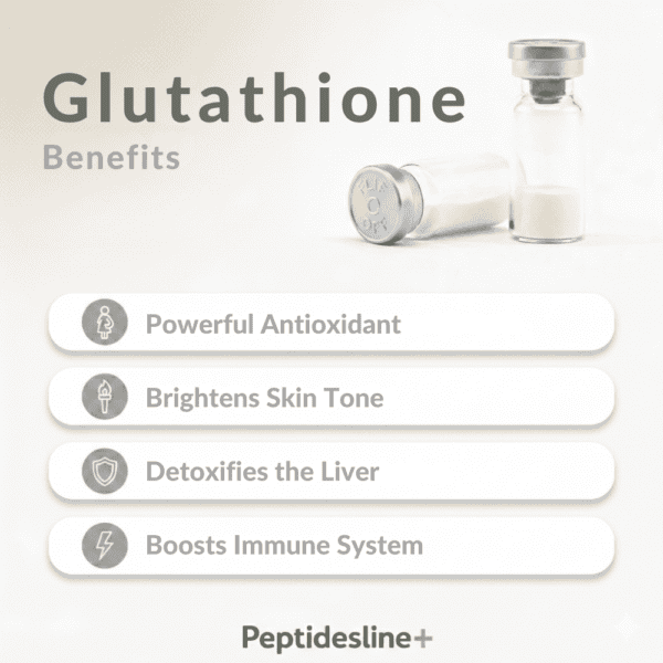 Glutathione supplement in a vial for skin and liver health benefits.