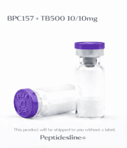 Vial of peptide with purple cap, used for injectable peptide therapy and research.