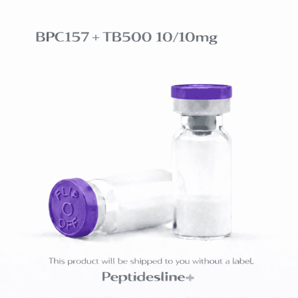 Vial of peptide with purple cap, used for injectable peptide therapy and research.