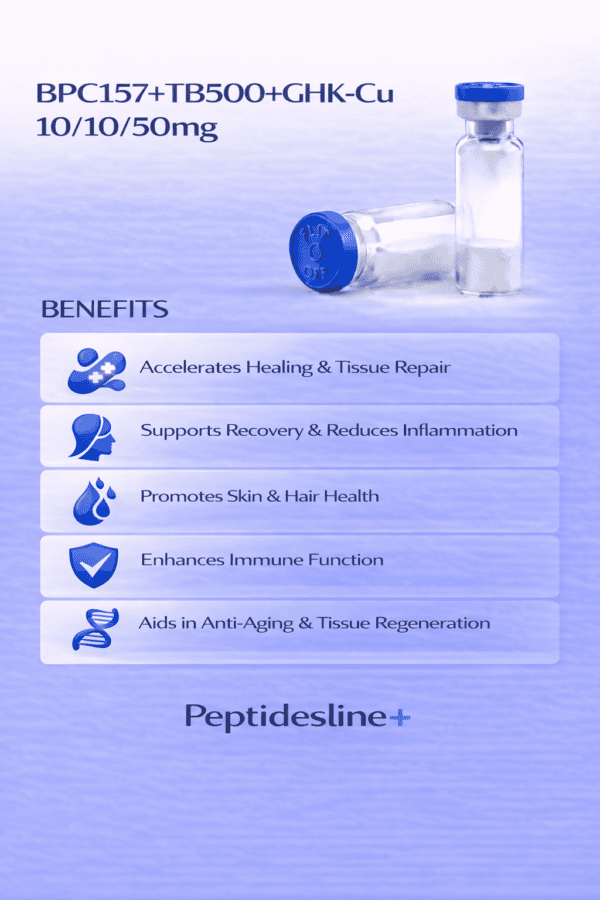 Vial of peptides for healing, tissue repair, and anti-aging benefits with blue cap.