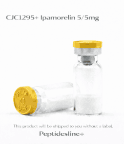 Vial of peptide injections for research and health optimization, with yellow caps, on a white background.
