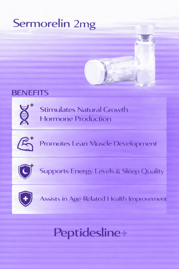 Vial of Sermorelin peptide for hormone therapy, anti-aging, and muscle growth.