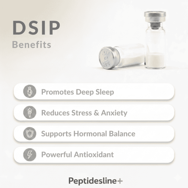 DSIP peptide vial for sleep and stress relief, promoting hormonal balance and antioxidant support.