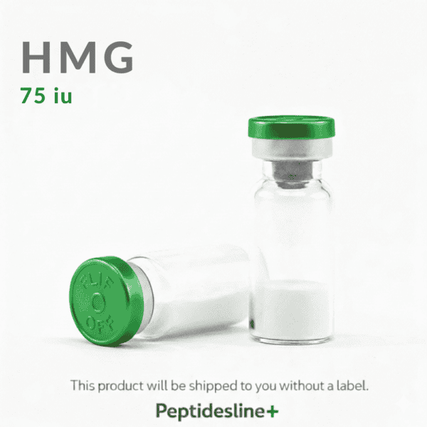 HMG 75 IU vial for peptide therapy, shipped without label, high-quality pharmaceutical grade.