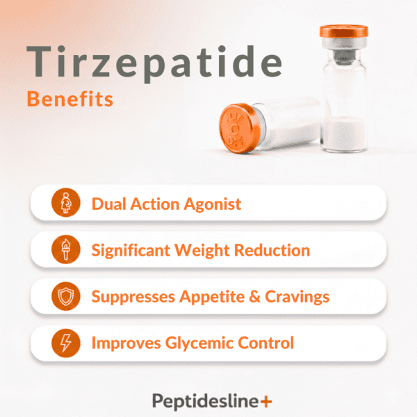 Tirzepatide injection vial highlighting benefits for weight loss and blood sugar control.